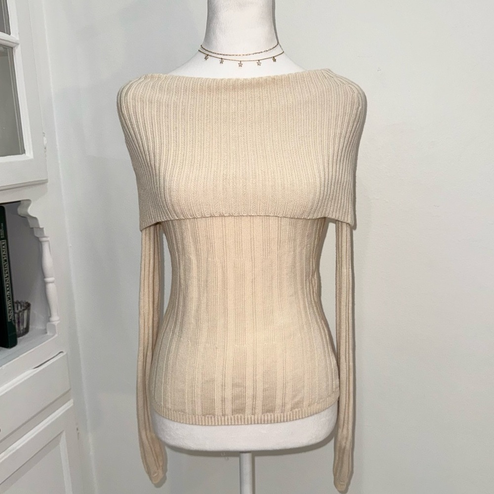 Elie Tahari 100% Wool Ribbed Off-Shoulder Sweater XS